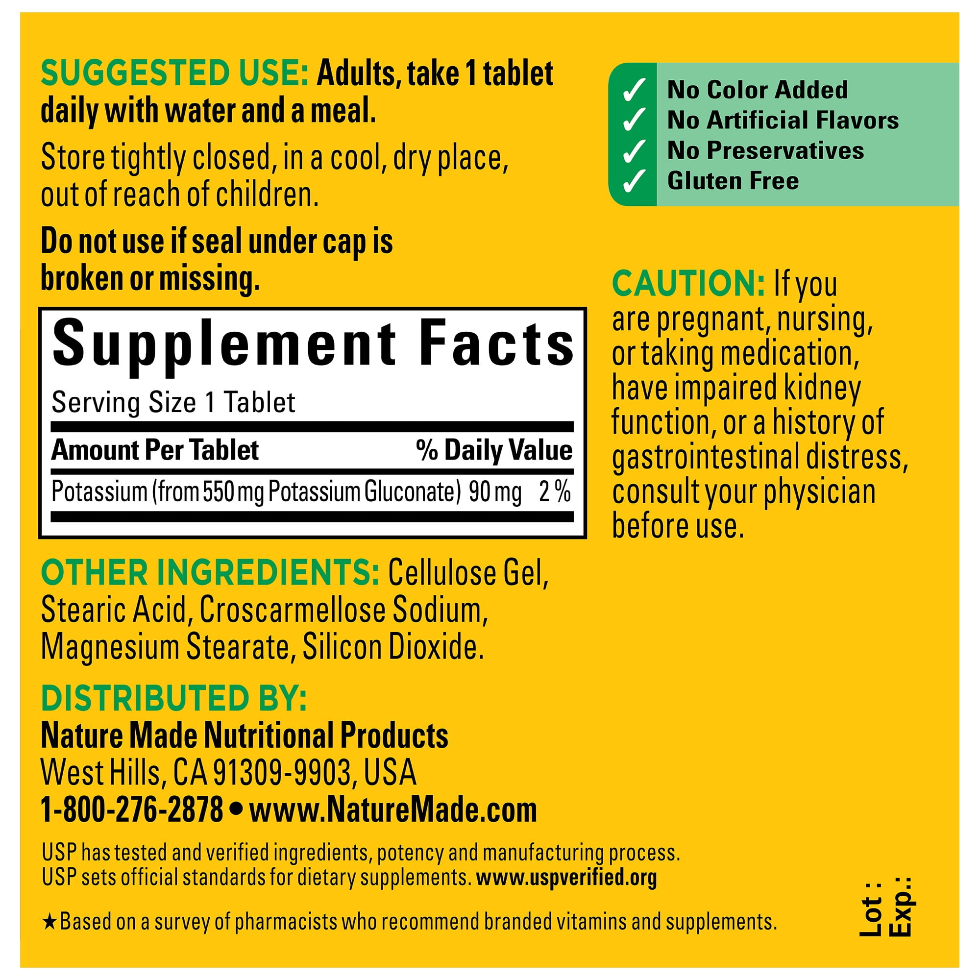 Nature Made Potassium Gluconate 550 mg Tablets, Dietary Supplement, 100 Count