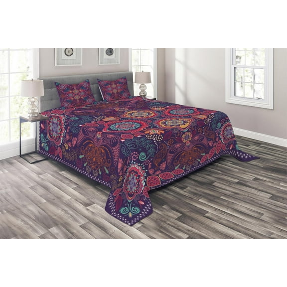 Ambesonne Ethnic Quilted Coverlet 3 Pcs, Modern Paisley Dot Leaf, Queen Size, Multicolor
