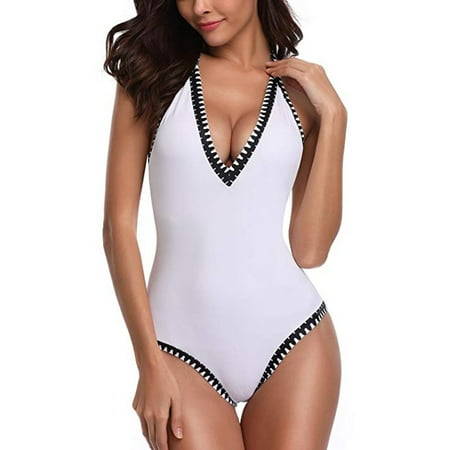 Crochet Deep Plunge Monokini - Women One Piece Deep Plunge Contrast Edged Getaway Halter Monokini Swimsuits