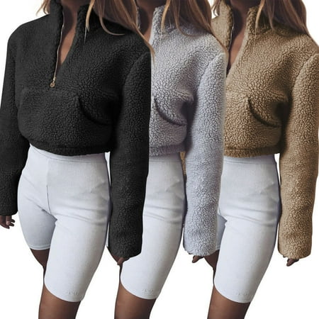 Women Winter Autumn Long SLeeve Fluffy Crop Turtleneck Pullover Knitted Sweater Jumper Knitwear Top