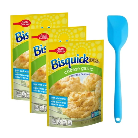 Betty Crocker Bisquick Complete Cheese Garlic Biscuit Mix, Just Add Water, 7.75 oz (3 pack) and 8in Silicone Spatula (Color Varies)