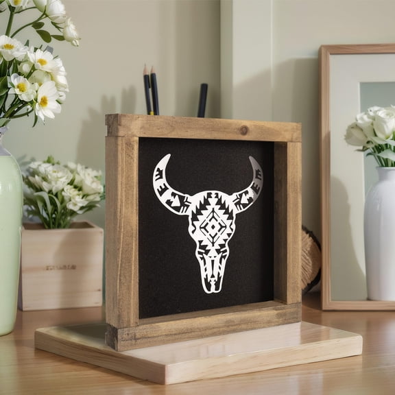 Western Cow Skull Wall Decor, 6x6 inch Southwestern Rustic Wood Framed Art, Farmhouse Ranch Home Decor for Living Room, Entryway, Man Cave