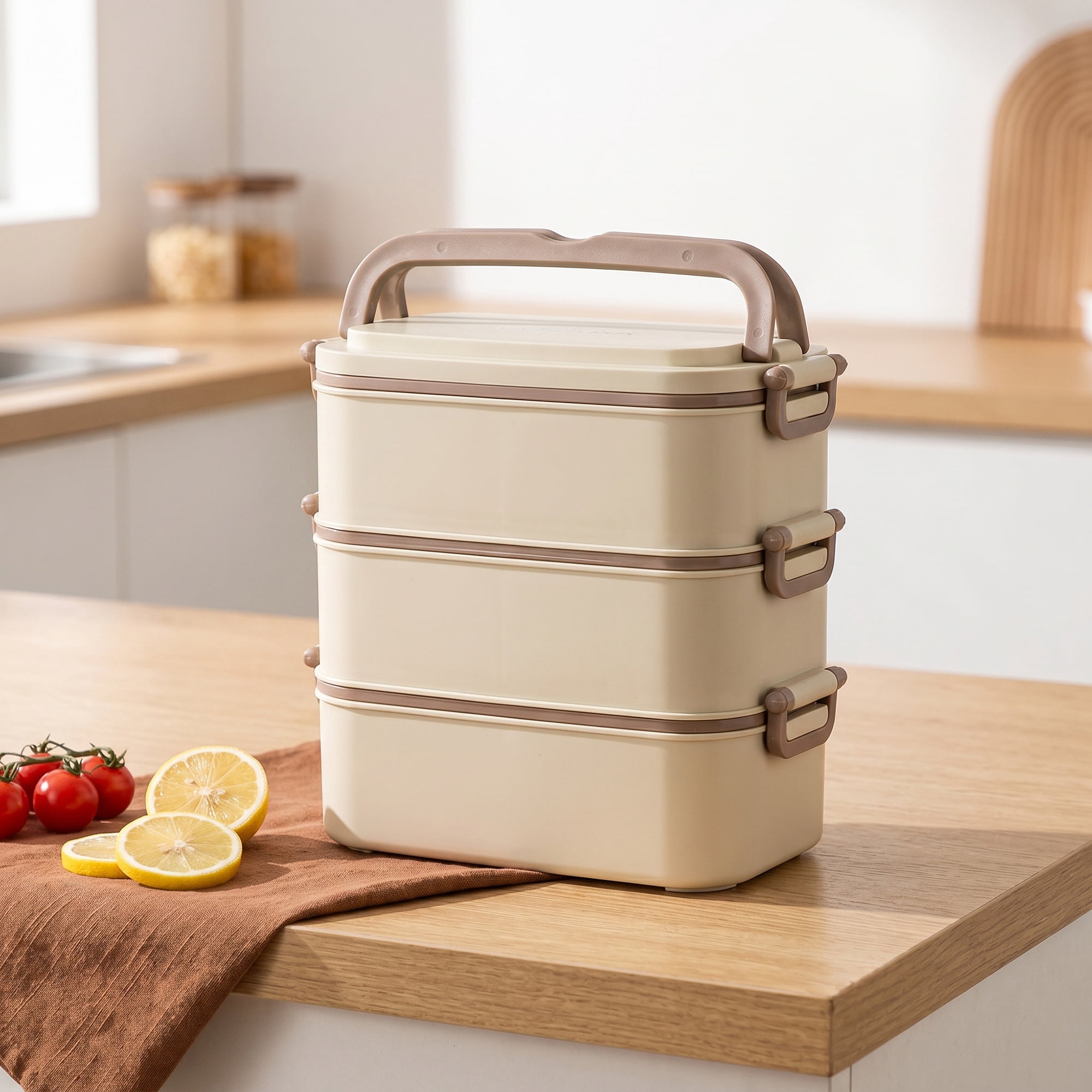 Unique Bargains 316 Stainless Steel Leak-Proof Meal Prep Bento Box Beige-3 Layer