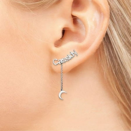 Personalized Women's Sterling Silver Name with Moon Charm Dangle Crawler Earrings