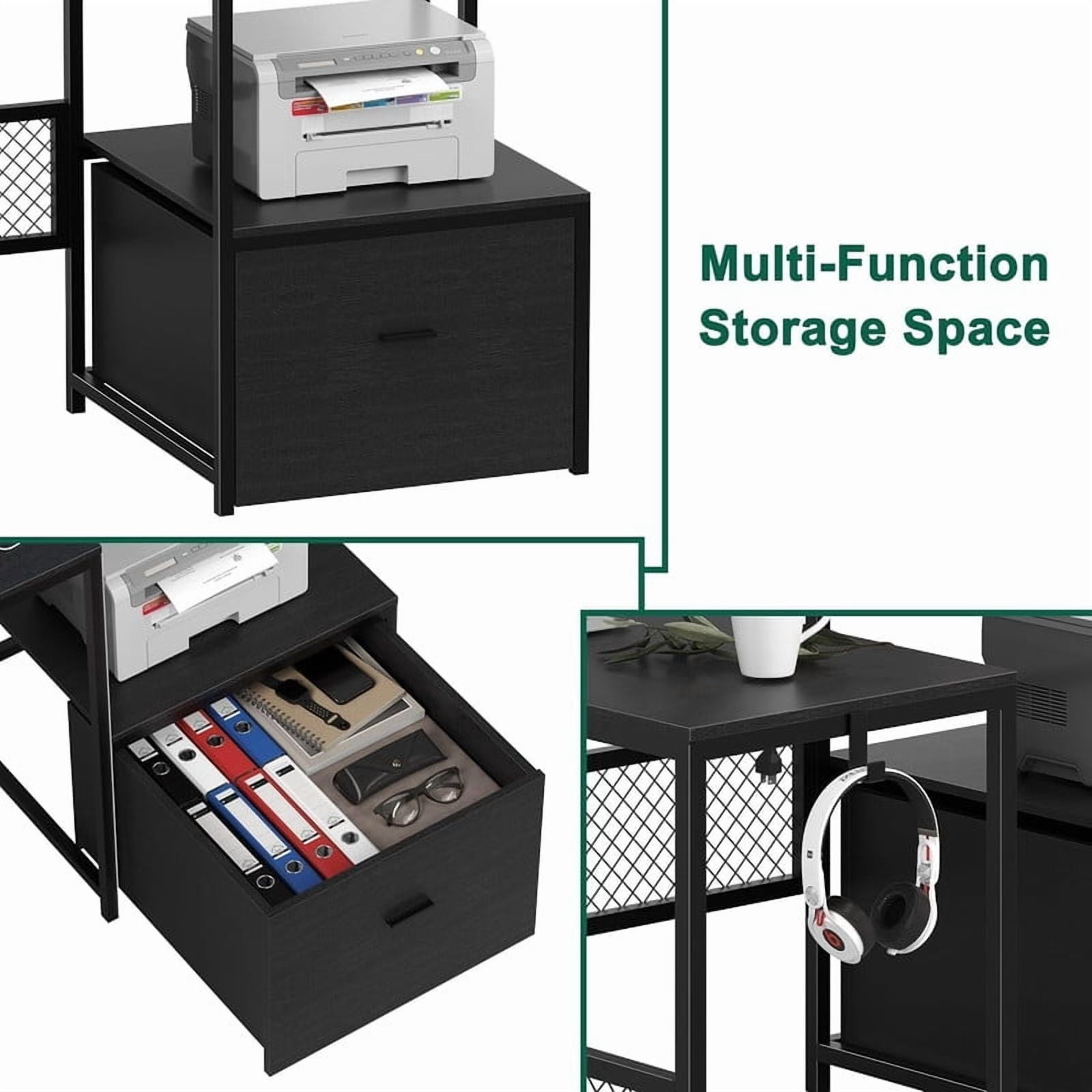 Someet L-Shaped Office Desk with Power Outlets and Lockers, Modern Simple Style 66" Computer Desk with Monitor Stand, Black