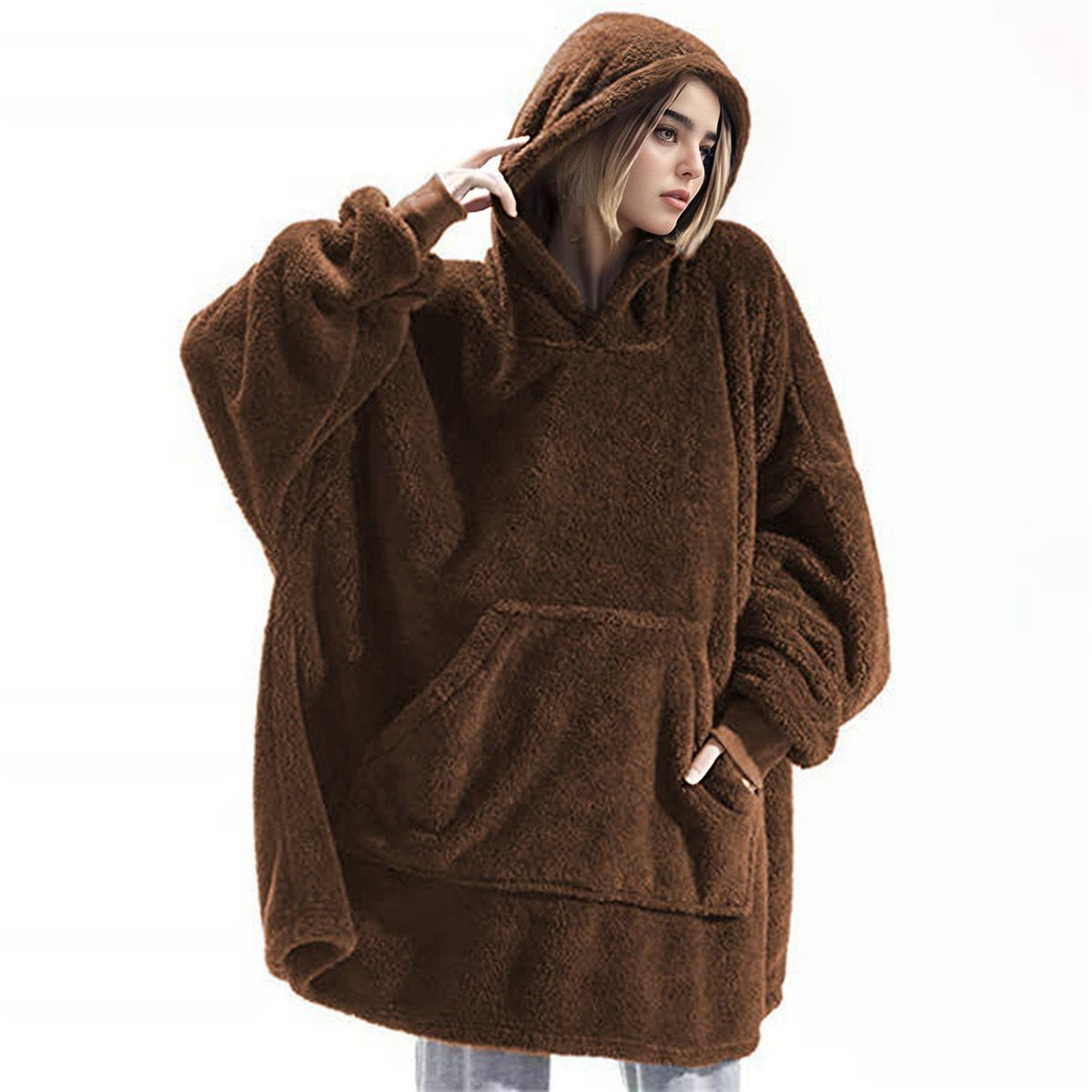Oversized Blanket Hoodie Sweatshirt, Wearable Lounging Pullover for Adults Women Men Brown One size