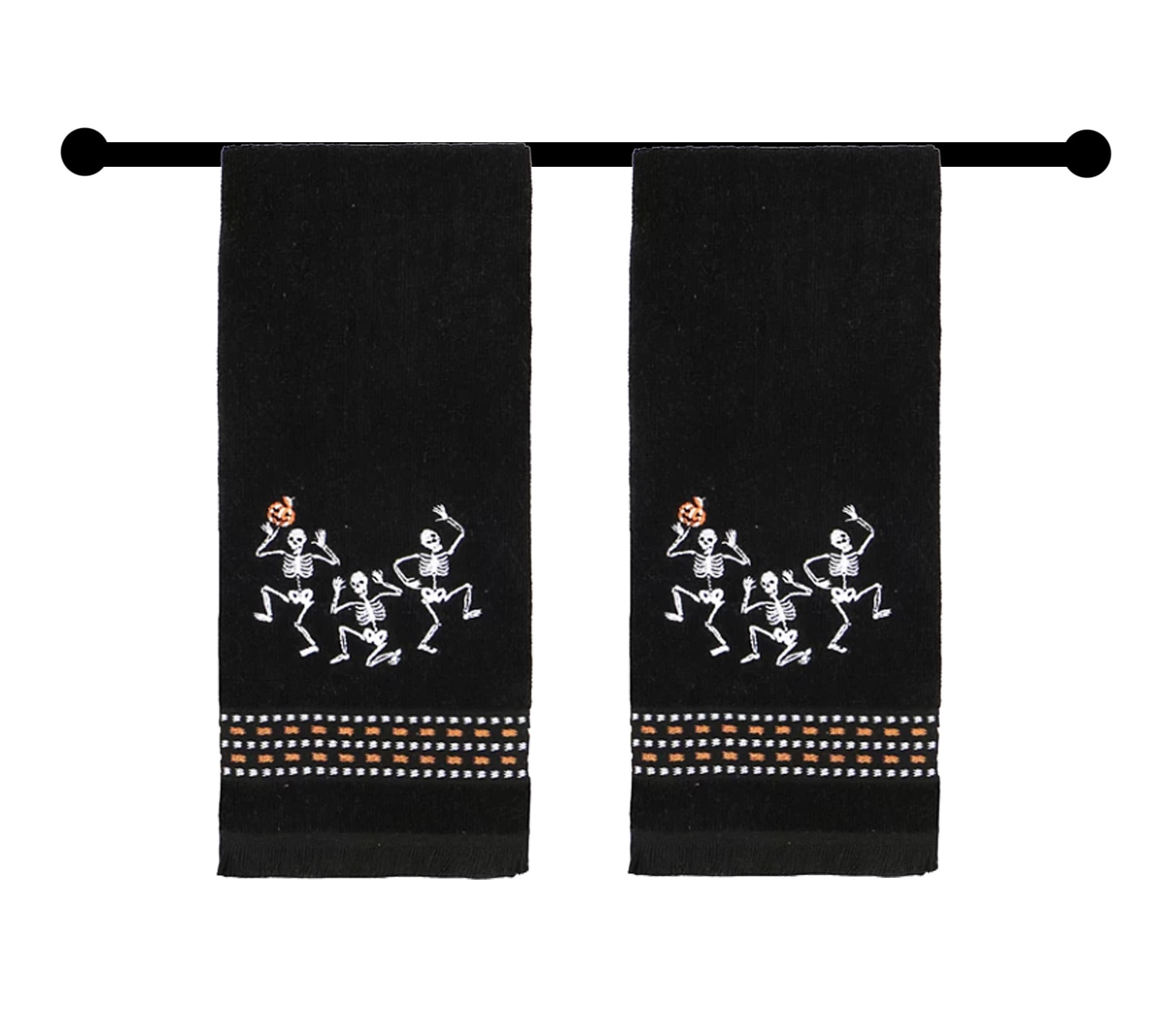 Celebrate Halloween Towels, Black Bath Hand Towel 2 Pack Set Embroidered Skeleton Trio Bathroom