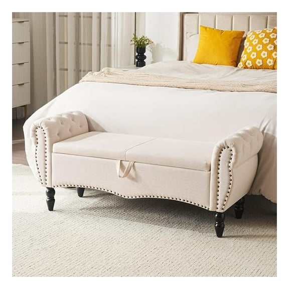 Storage Ottoman for Bedroom, Upholstered End of Bed with Solid Wood Legs Modern Shoe Storage Indoor for Living Room Entryway Furniture,Beige, Linen
