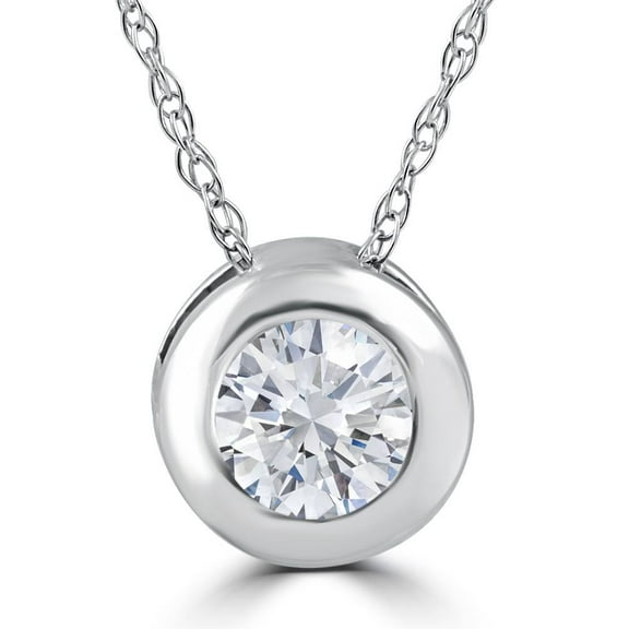 Pompeii 1/3ct Round Bezel Solitaire Diamond Pendant Necklace 14K White Gold (H/I,I2/I3)