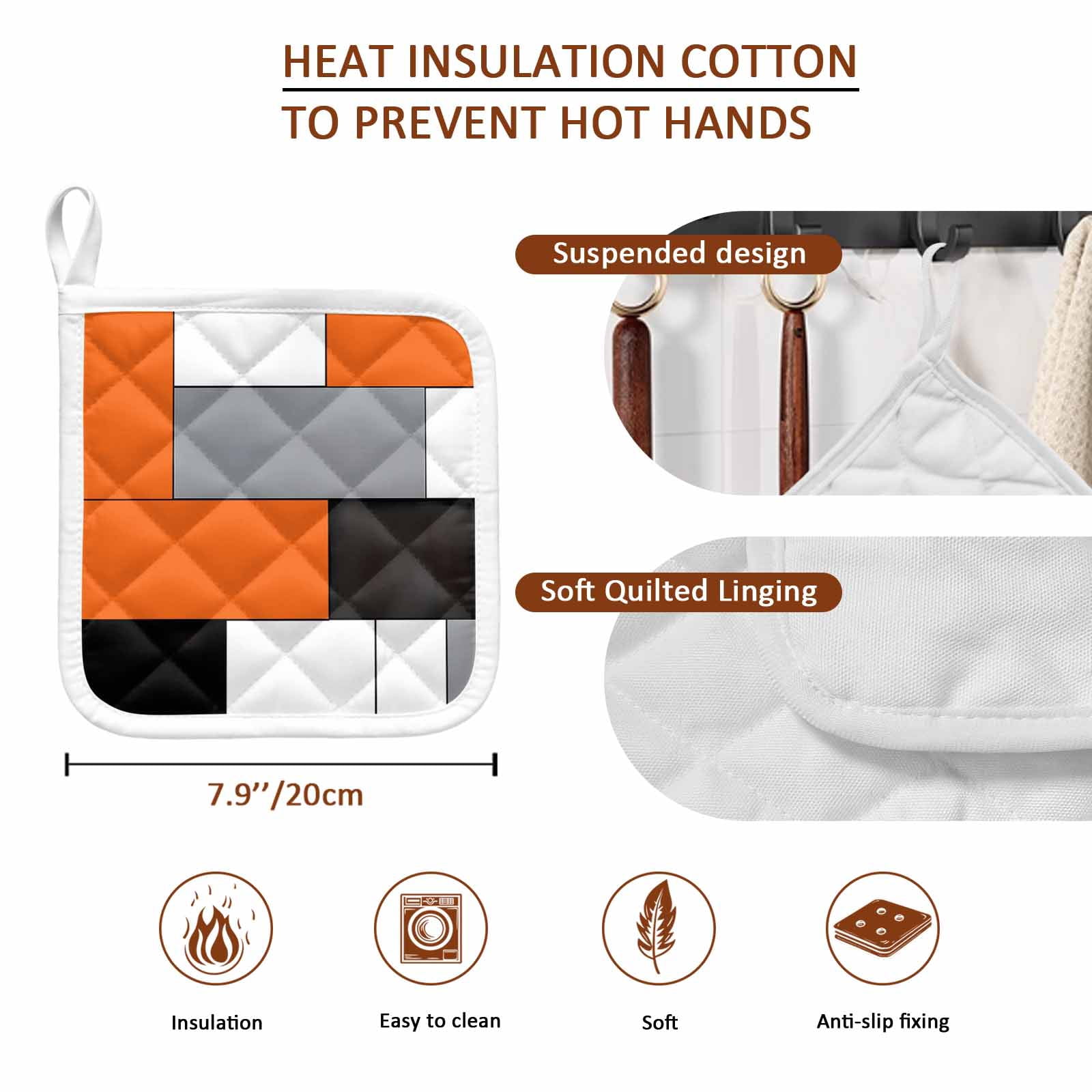 Burnt Orange Black Grey Pot Holders for Kitchen Heatproof Potholder, 5 Pack Modern Irregular Geometric Abstract Hot Pads Multipurpose Oven Pads Cloth Potholders Trivet for Cooking Baking