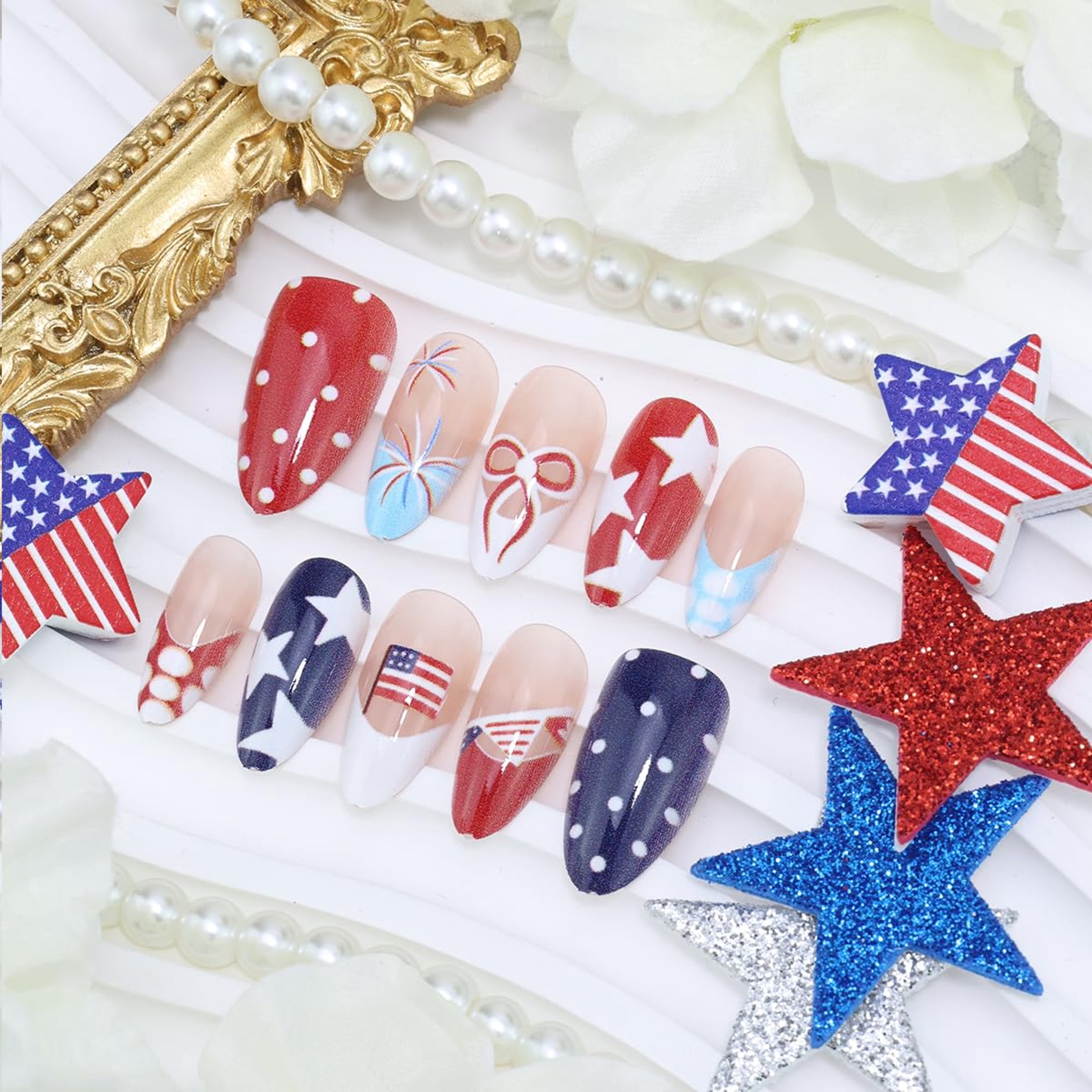 RAGUPEL 4Th of July Press on Nails Medium Almond Fake Nails Red White and Blue French Tip False Nails with Polka Dots Bow Designs American Flag Glue on Nails Independence Day Stick on Nail