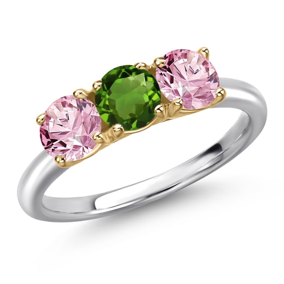 Gem Stone King 10K Two Tone Gold Green Chrome Diopside and Pink Lab Grown Diamond Engagement Ring for Women | 1.50 Cttw | Round 5MM | Gemstone Birthstone | Size 5