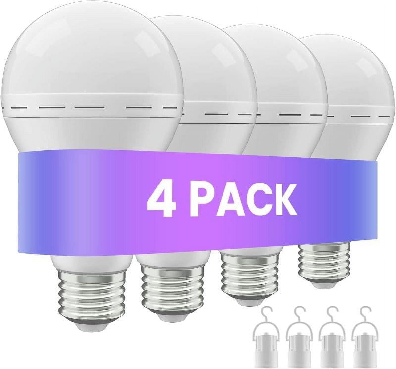 4 Pack Rechargeable Emergency Light Bulbs A19, Camping Lamp Battery Powered LED Light Bulb 6000K Daylight E26 E27 120 Volt 12W 60W Equivalent with 1200mAh for Home Power Outage Camping Hurricane