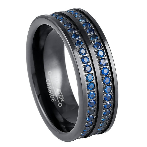 8mm Men’s Black Tungsten Eternity Wedding Band, Two Row Blue CZ, Anniversary Ring - TN1161WAs10