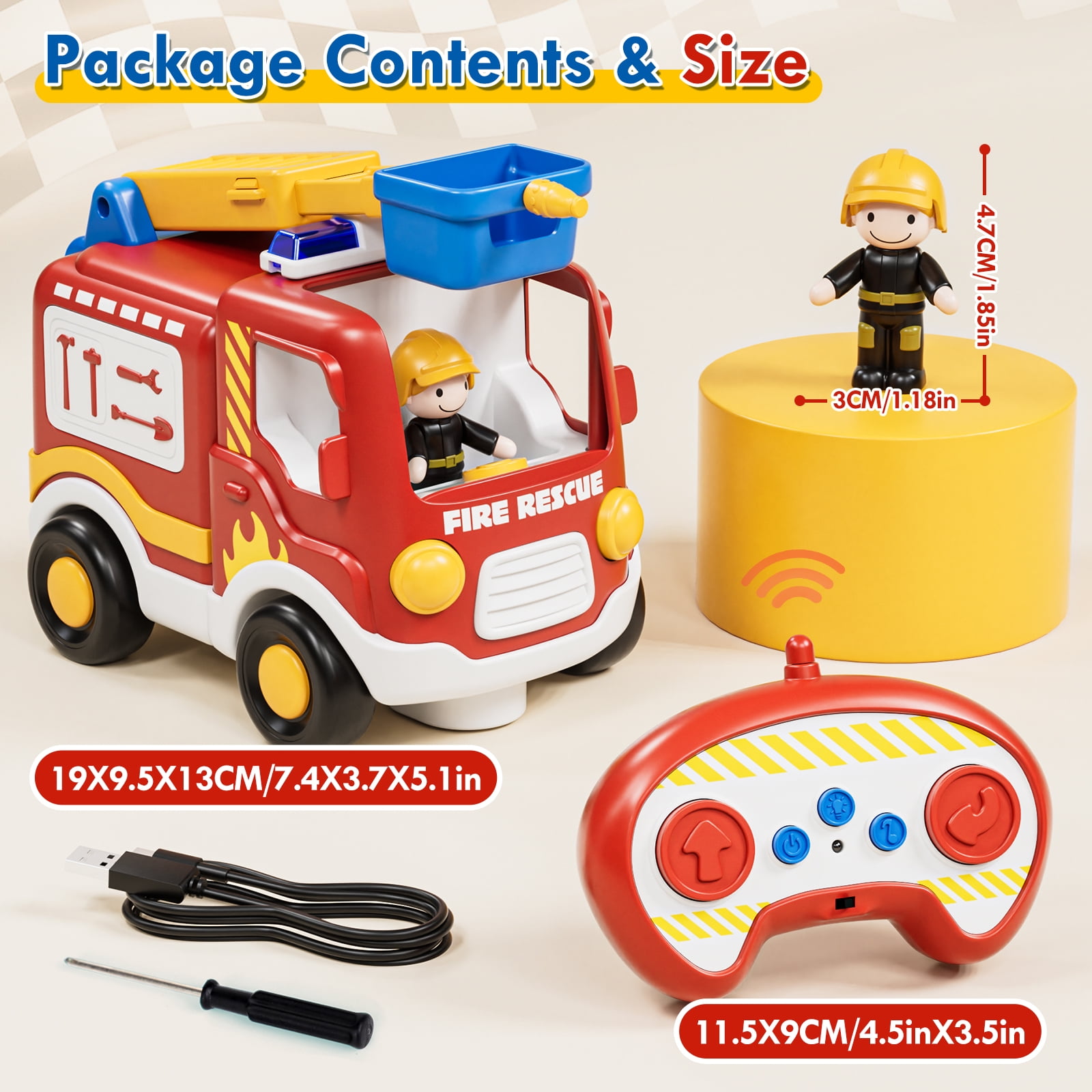 Toys for 2 Year Old Boys Toys, Rechargeable Remote Control Car for Toddler, Kids Toys Age 2 3 4 5, Fire Car with LED Lights & Music, Gifts for Toddler Boys 18+ Months