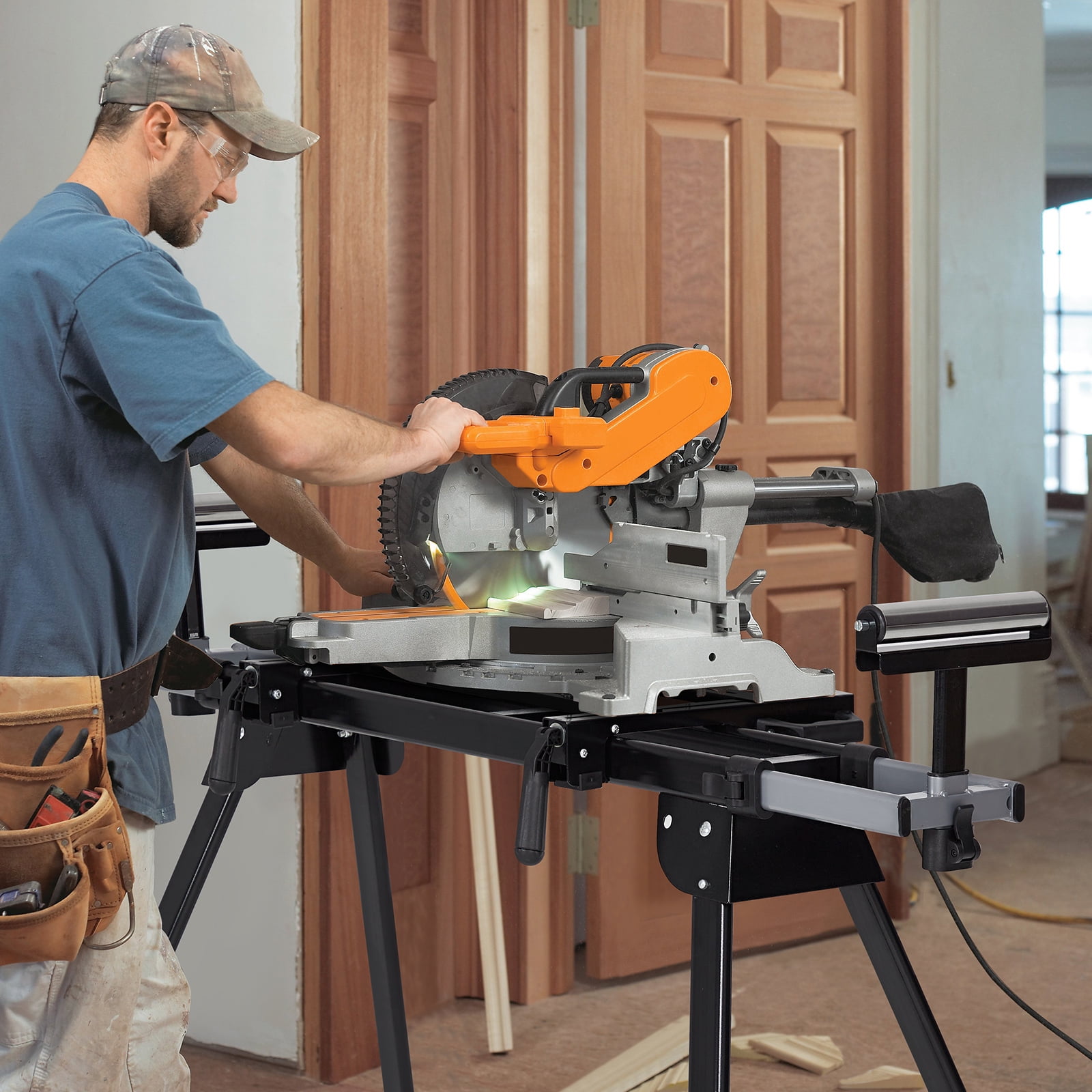 Miter Saw Stand Universal Folding Saw Table, Adjustable 76.8" Support Frame with Quick Release Mounting Brackets, 440 LBS Load Capacity Heavy-Duty Steel Construction Fits Most Miter Saws and Table Sa