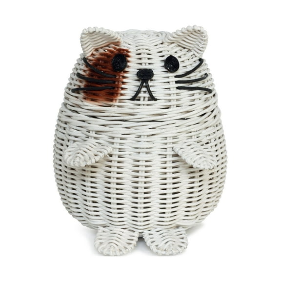 Cat Rattan Storage Basket with Lid Decorative Bin Home Decor Hand Woven Shelf Organizer Cute Handmade Handcrafted Gift Art Artwork Wicker Kitten