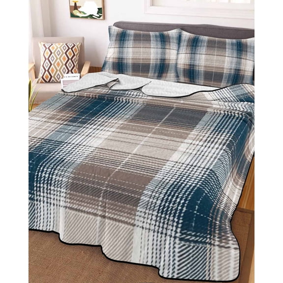 Blue Brown Plaid Twin Size Down Alternative Comforter, Lightweight Comforter Quilt Bedding Set with Pillow Shams Modern Abstract Striped Gingham Checked All Seasons Bed Comforter Duvet Insert 68"x86"