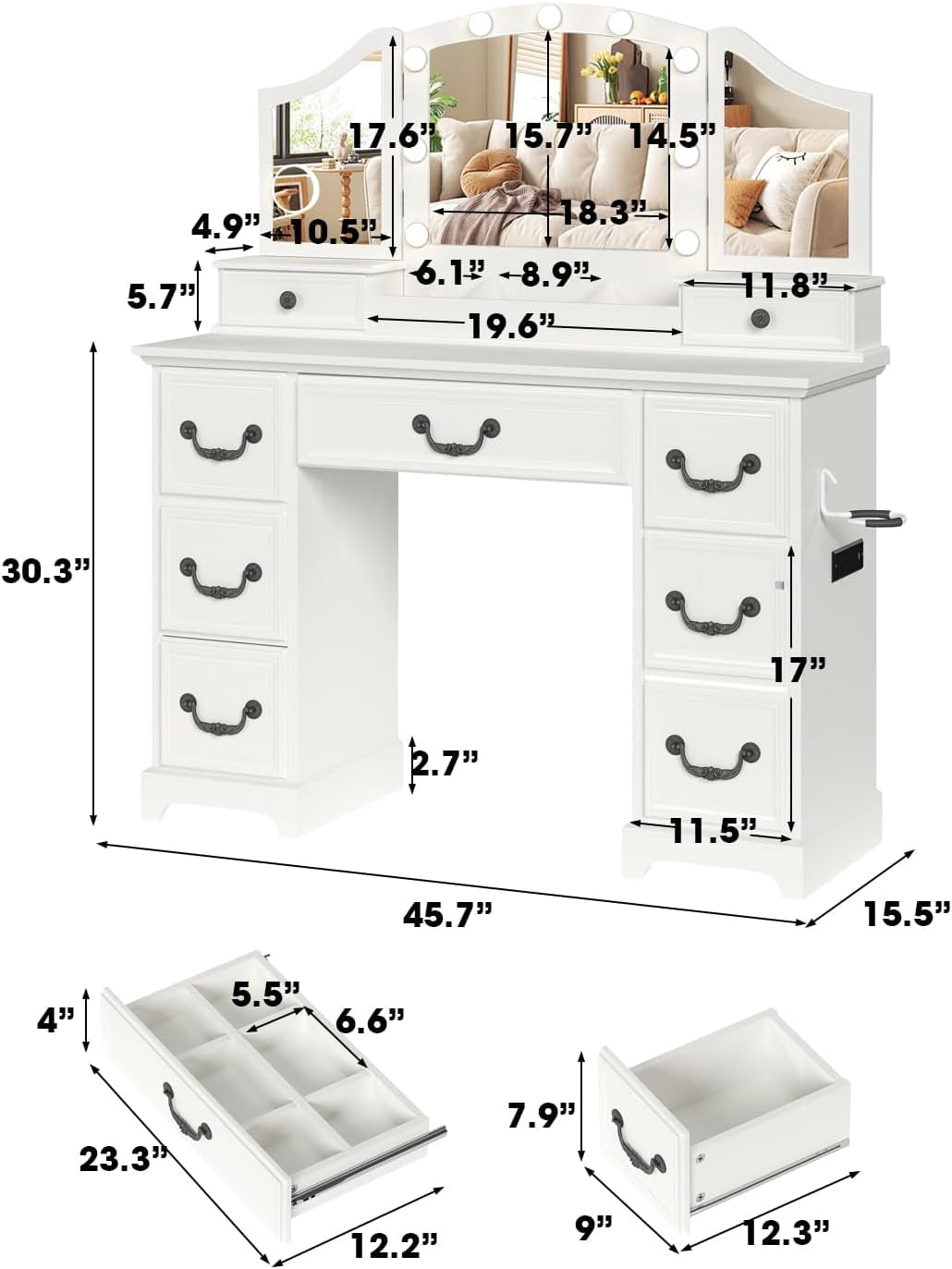 LAZZO Vanity Desk with Mirror & Lights, Makeup Vanity with Drawers, Power Outlets & Magnifying Mirror, White