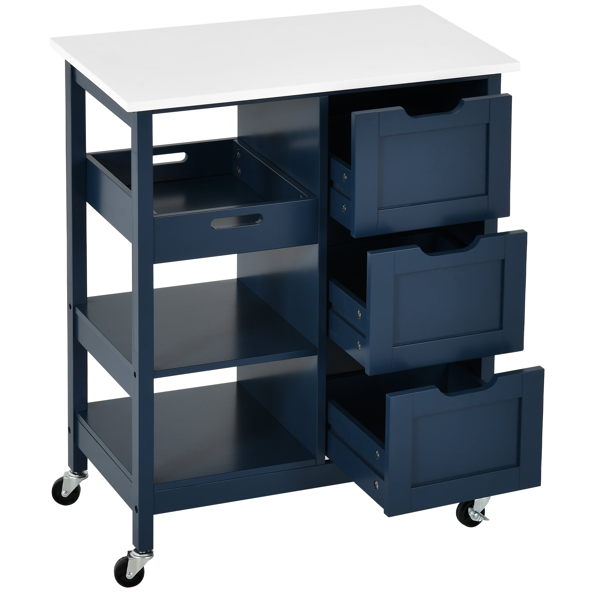 Dextrus 3-Tier Kitchen Storage Cart with Large Countertop, Rolling Kitchen Island Cart , Blue