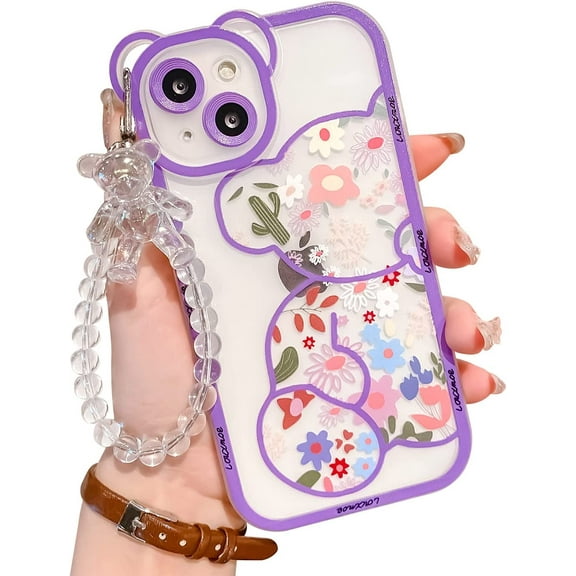 Compatible with iPhone 13 Case Transparent Cute Floral Bear Pattern Bear Chain Protection Design for Women Girls Fashion Slim Soft Flexible TPU Rubber for iPhone 13-White
