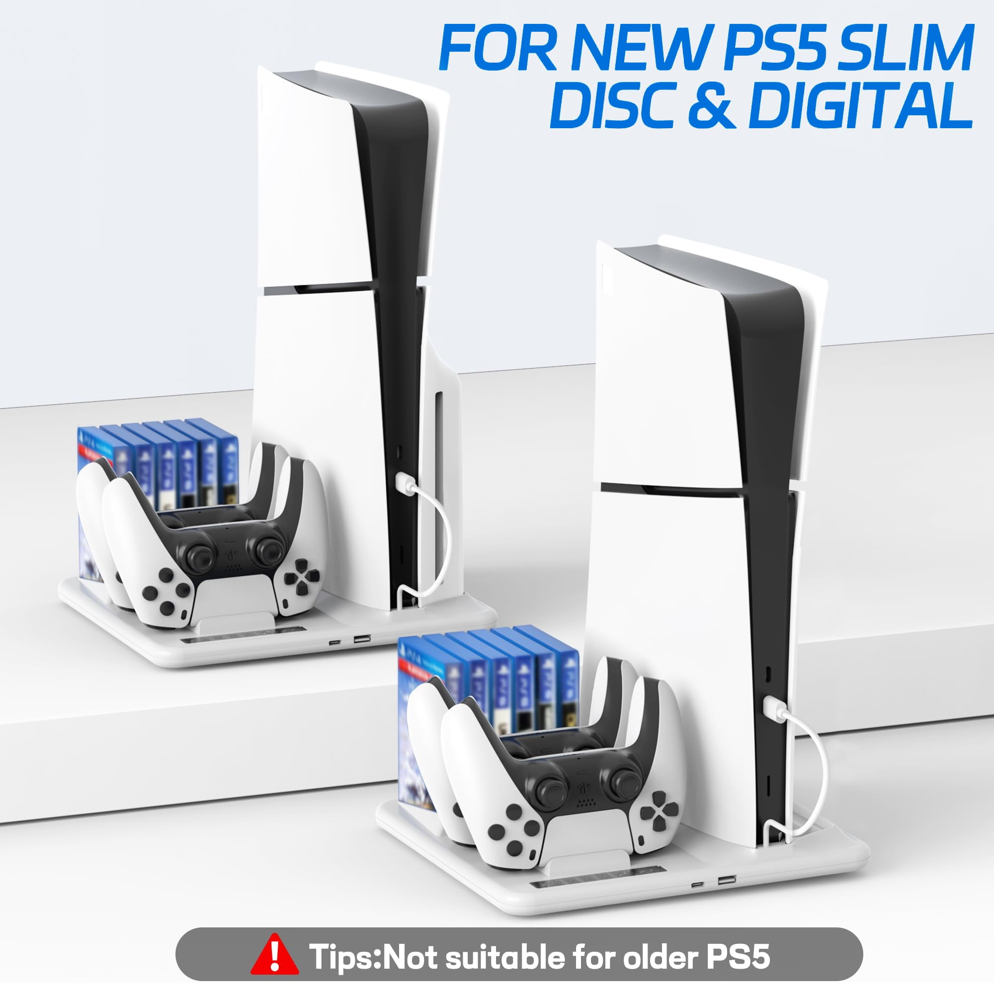 PS5 Slim Stand and Turbo Cooling Station with Controller Charging Station for Playsation 5, PS5 Accessories Kits, with 2 Controller Chargers, 3 Levels Fan, 6 Game Disc Slots, Headset Holder