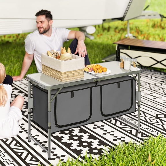 Outsunny 47" Aluminum Folding Camping Table, Outdoor Picnic Table with Carrying Handle And Storage Organizer Cabinets