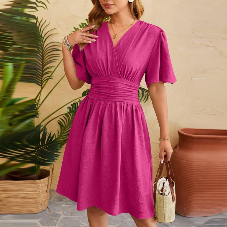 hot pink country dress V Neck for Ladies Fall Summer Short Bell Sleeve Midi Slim Tunics Going Out Basic Dress Womens 2026 Clothes Concert Y2K XXL blackout