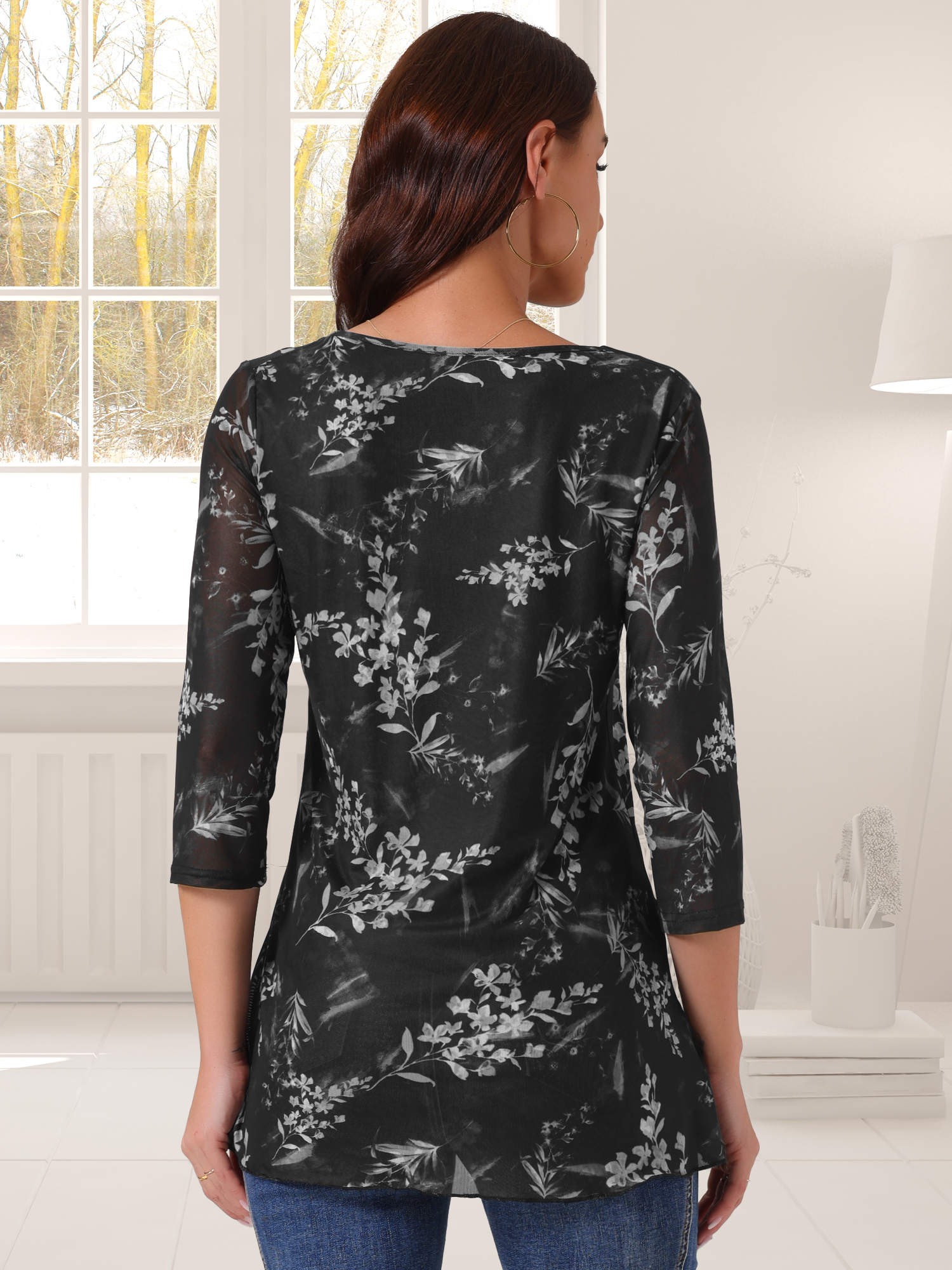 DARING DIVA Women's Floral V Neck Double Layered Mesh Dressy Tops Black XL