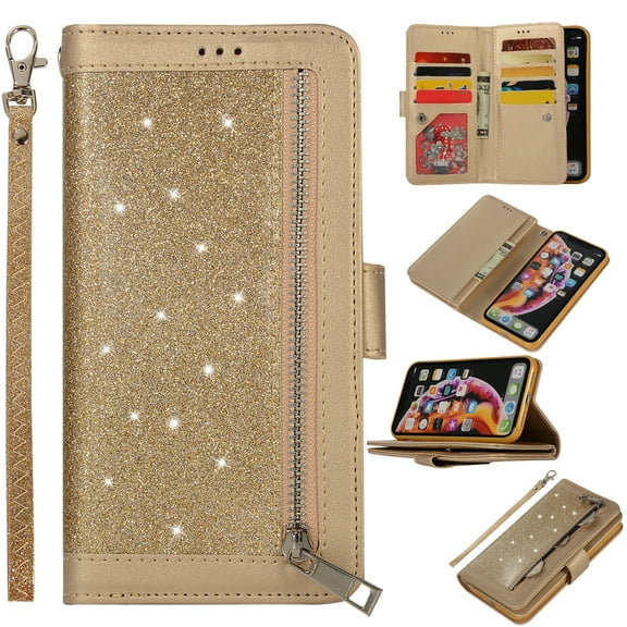 Zipper Wallet Case for iPhone Xr 6.1-inch, Allytech Bling Glitter Leather Case with 9 Credit Card Holder Flip Magnetic Closure Stand Cover with Cash Pocket and Hand Strap, Gold