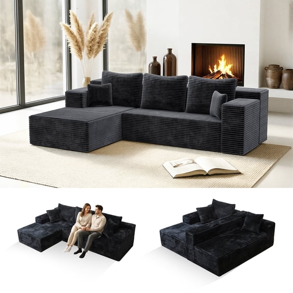 Kelyda 106" Boneless L-Shaped Modular Sectional Sofa, Faux Rabbit Fur for Living Room, Black