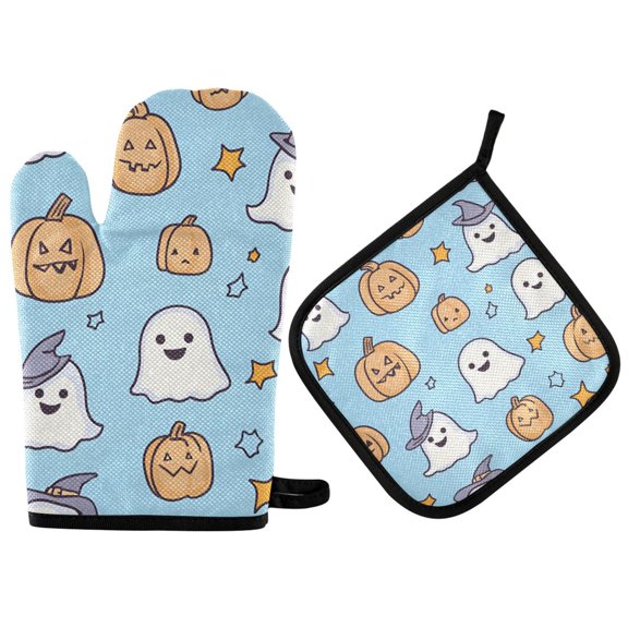 Yayeee Oven Mitts and Pot Holder Set of 2 Heat Resistant Kitchen Gloves Baking Hot Pad, Blue Halloween Ghosts