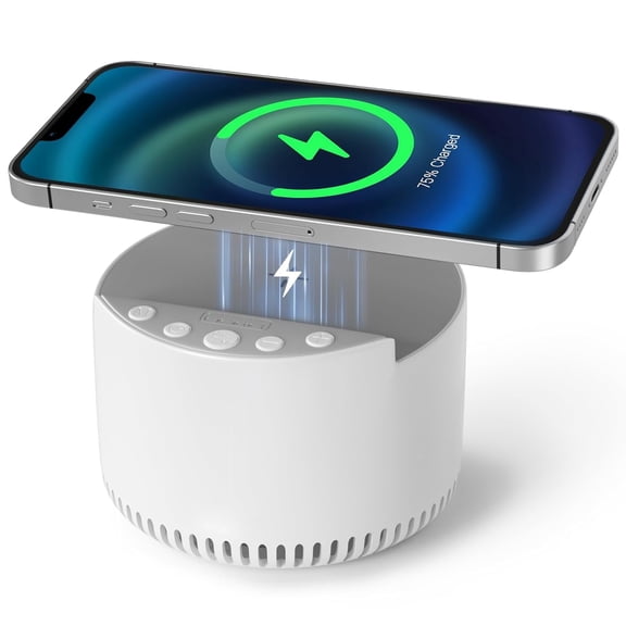 Sound Machine, White Noise Machine with Wireless Charger & BT Speaker, Memory Function, 6 Soothing Sounds, 3 Timers Modes, for Baby Kids Adult & Home Bedroom Office Travel, White