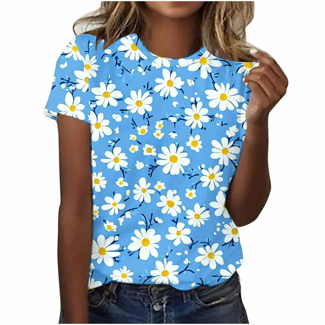 Pisexur Hauts pour Femmes Blouses Décontractées Mode Été Imprimé Manches Courtes Col Rond, Multicolore, 2TG