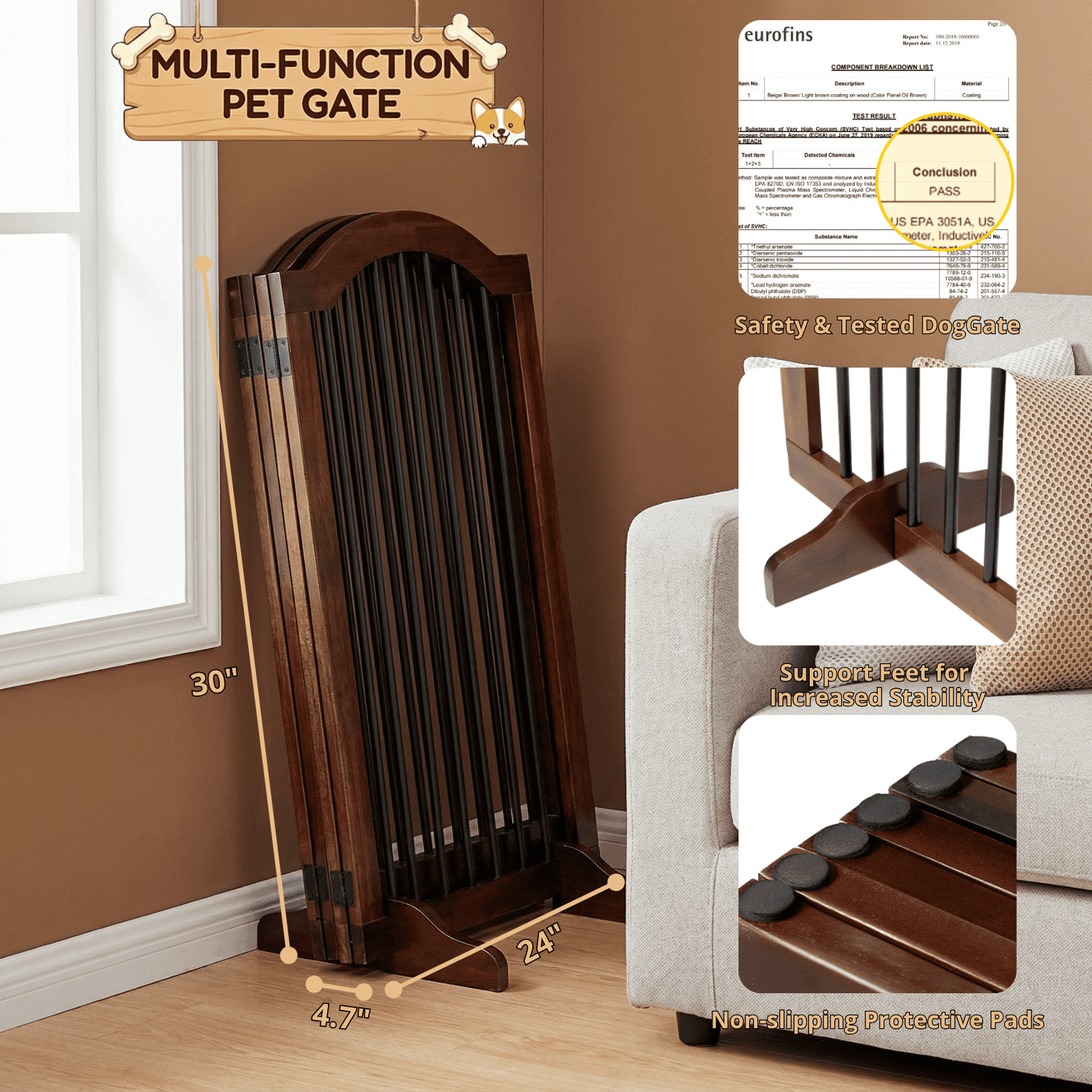 TrumanPick Free Standing Foldable Dog Gate with Door 96" W x 30" H