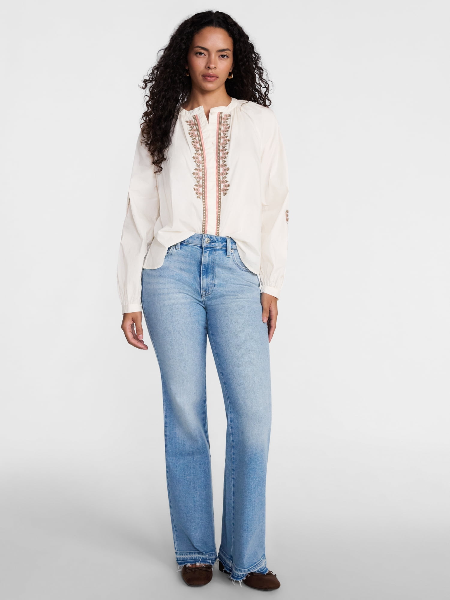 Scenario Women's Embroidery Top with Long Sleeves, Sizes XS-XXXL