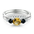 thumbnail image 3 of Gem Stone King 10K White Gold Yellow Citrine Black Onyx and White Lab Grown Diamond 5 Stone Bridal Engagement Wedding Ring Set for Women (1.03 Cttw, Round: 5MM and 3MM, Size 9), 3 of 6