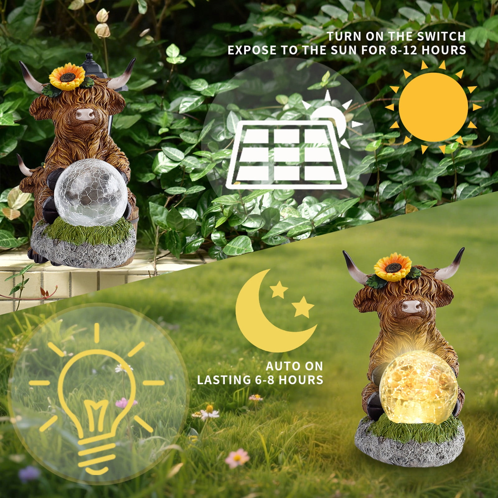 WFDC Highland Cow Solar Light for Garden,Highland Cow Statue with