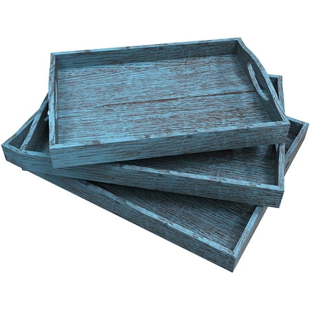 

Rustic Wooden Serving Trays with Handle - Set of 3 - Large Medium and Small - Nesting Multipurpose Trays - for Breakfast Coffee Table/Butler & More - Light & Sturdy Paulownia Wood - Rustic Blue