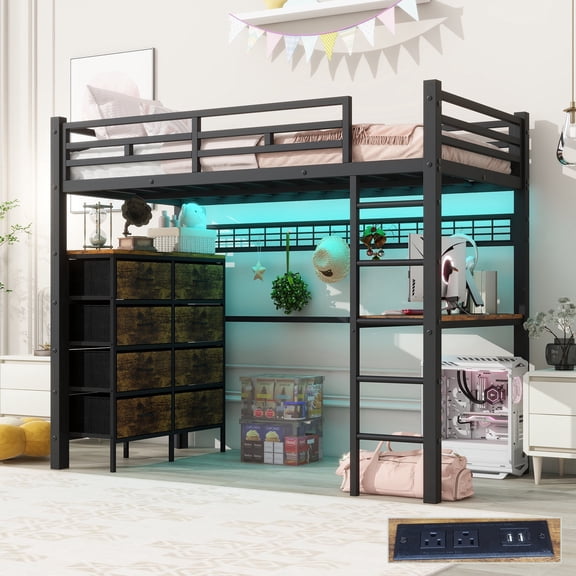 Loft Bed Twin Size with Desk, 8 Storage Drawers, Power Outlet, LED Metal Loft Bed with Storage Shelve, Bed with Safety Guardrail & Ladders, Space-Saving, Black