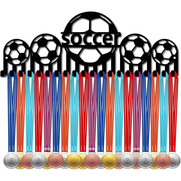 1 set Soccer Medal Hangers Medal Holder Display Rack Football Sports Metal Hanging Awards Iron Mount Decor with 20 Hooks for Wall Home Badge Dancer Soccer