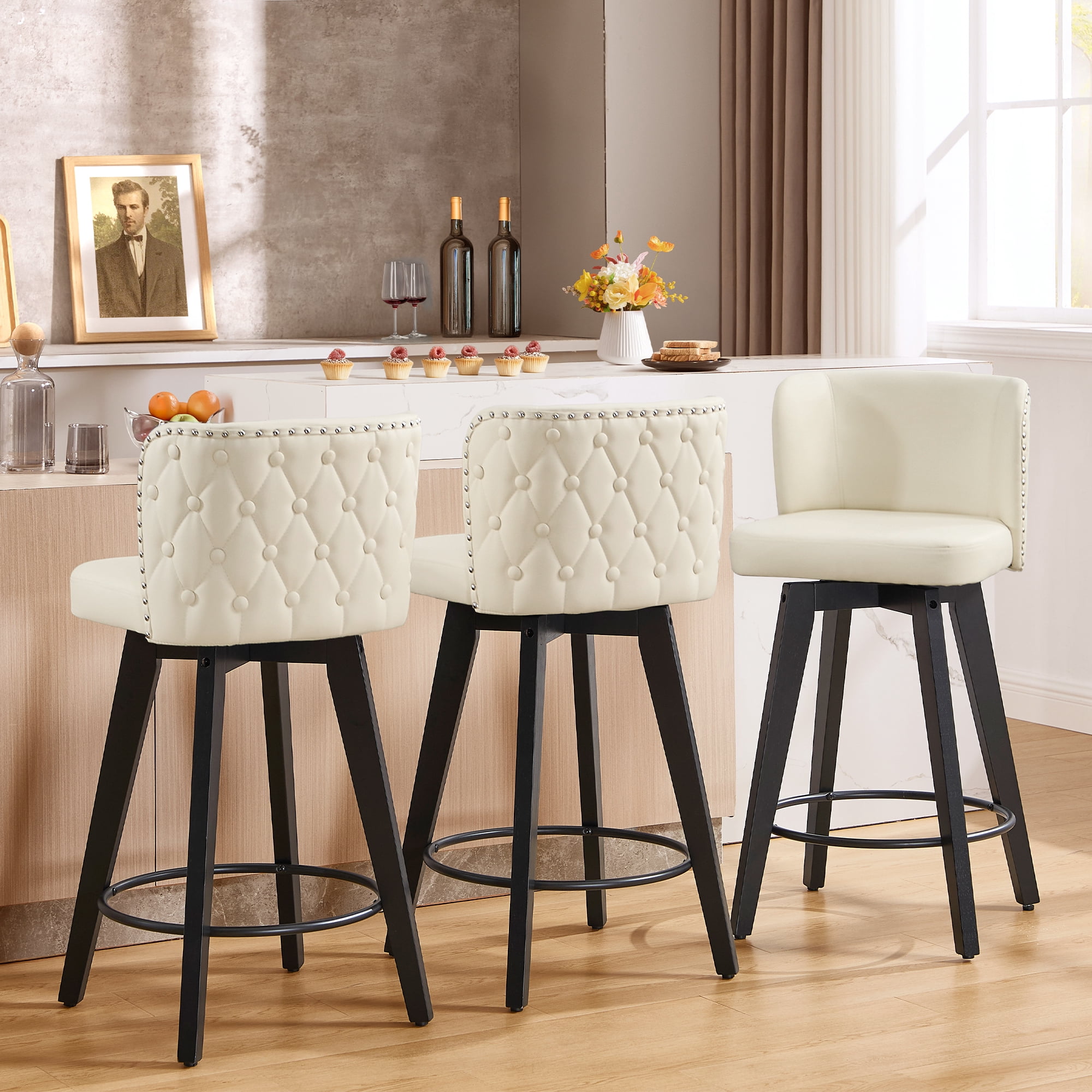 TEWLOSS Counter Height Bar Stools Set of 3, 27.5in Swivel PU Leather Bar Chairs with Curved Back for Kitchen Island, Beige