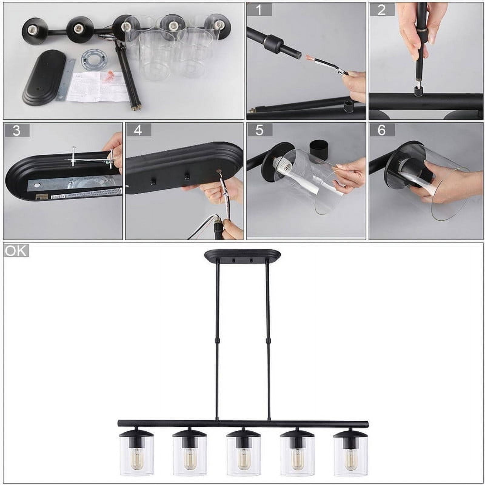 LNC Modern Black 5-Light Linear Kitchen Island Pendant with Clear Glass Shades