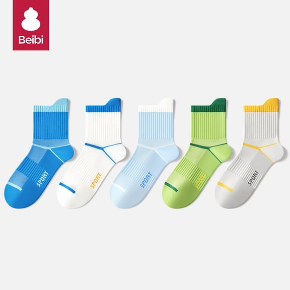 Beibi 5-pair pack of summer thin mid-calf socks, fresh sports socks for teenagers, striped contrasting colors, suitable for ages 3 and above