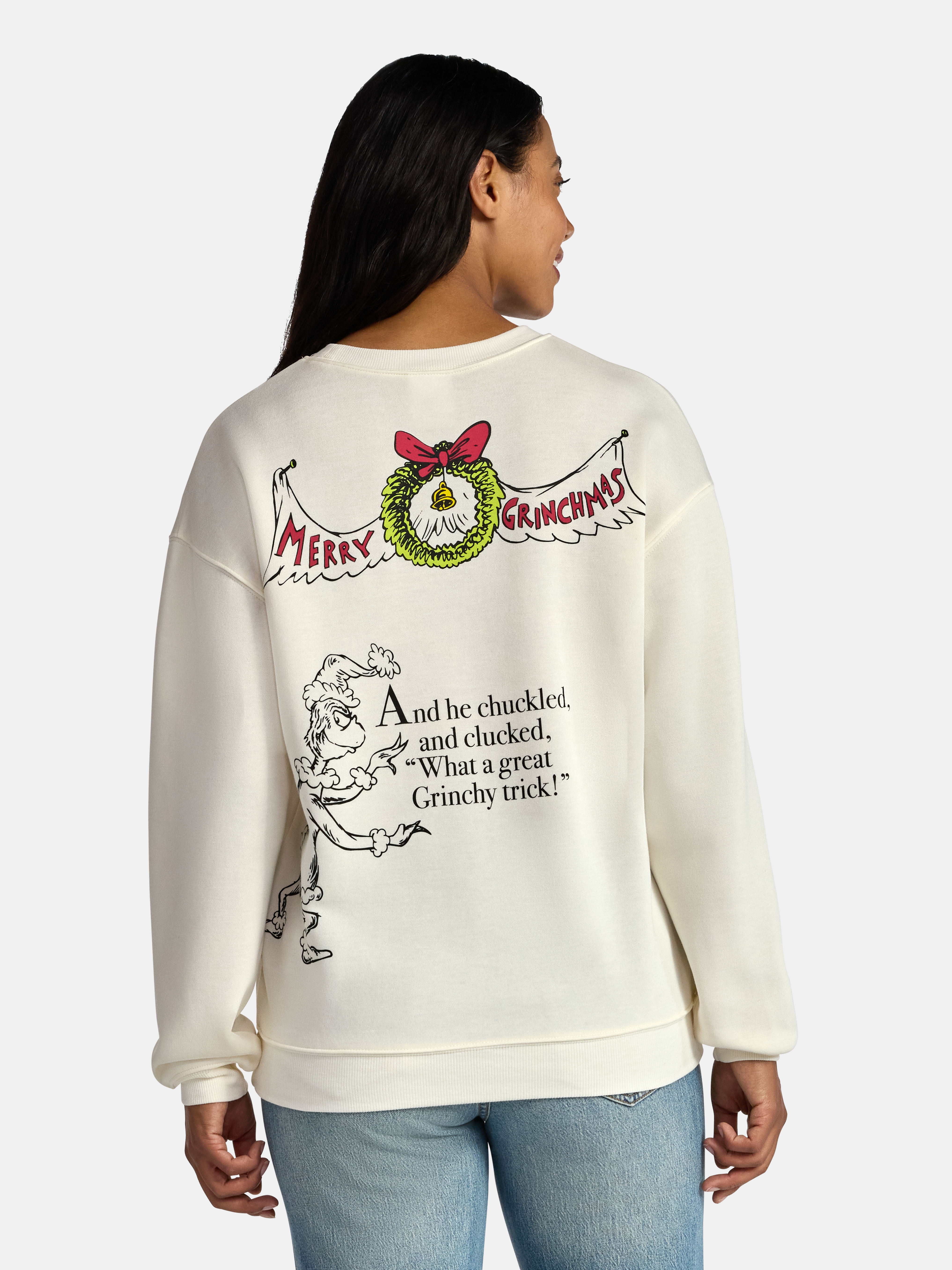 The Grinch Women's Front Back Whoville Graphic Fleece Sweatshirt with Long Sleeves, Sizes XXS-XXL