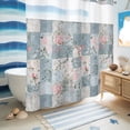 thumbnail image 3 of No Hook Shower Curtain with Built-In Rings, Pink Floral Washable Waterproof Fabric Curtain with Mesh Top Window for Bathroom, Blue Splicing 72"x72", 3 of 8