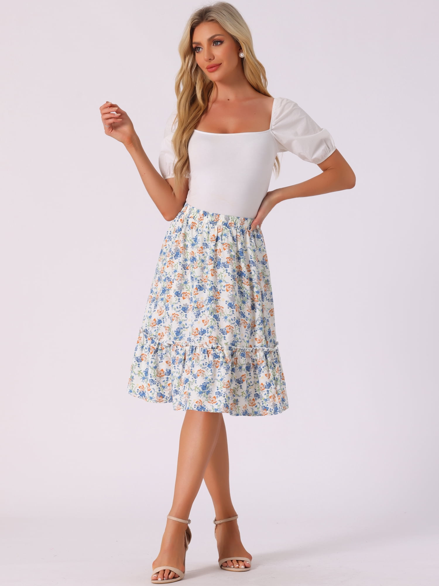 DARING DIVA Women's Flowy Ruffle Hem Tiered Floral Midi Skirt M Blue White
