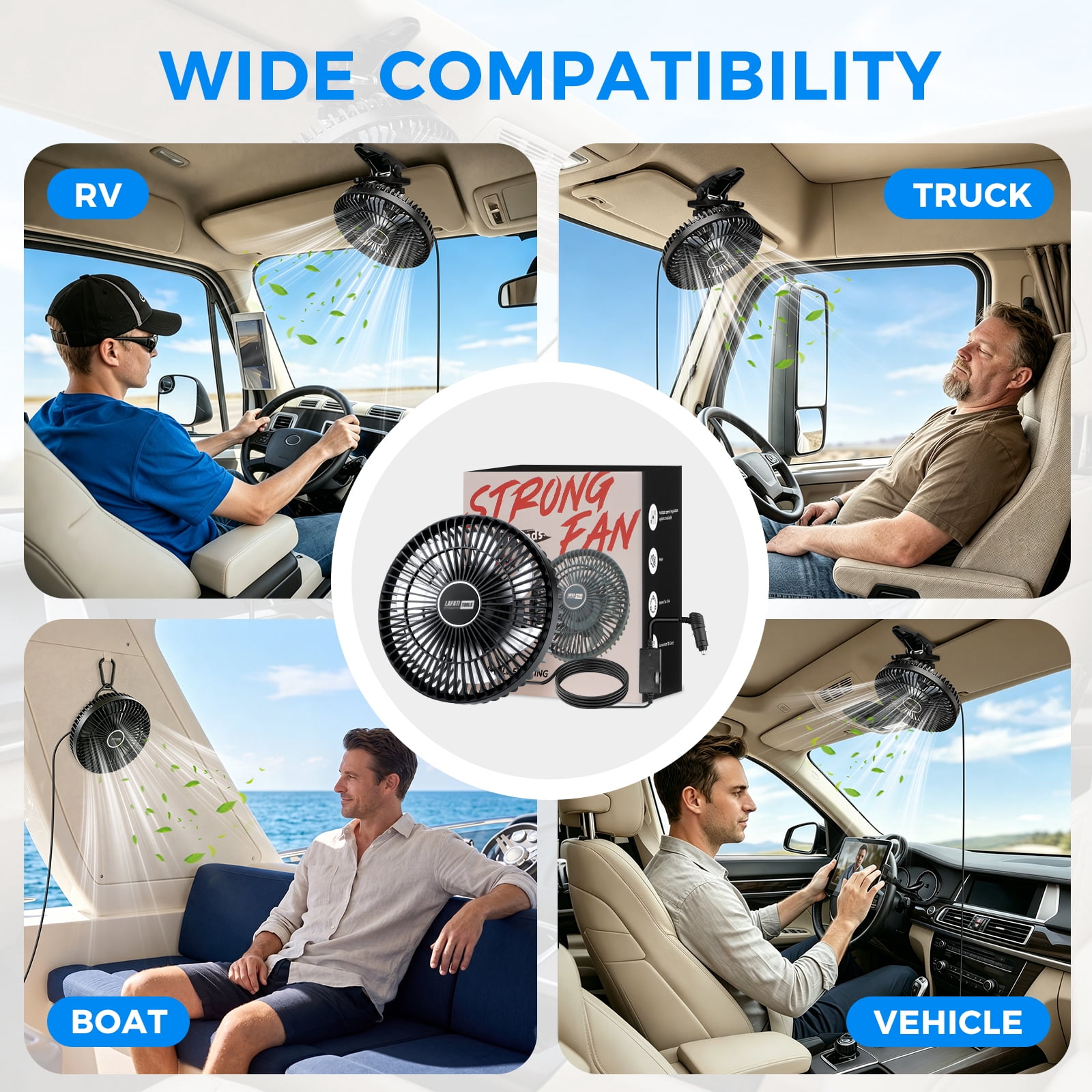 9" Portable Car Fan, Lafati 12V Electric Vehicle Fan with Stepless Speed Control and  Cigarette Lighter Plug, 3-in-1 Back seat & Clip, 360° Rotation Quiet Cooling for Car SUV RV Vehicles