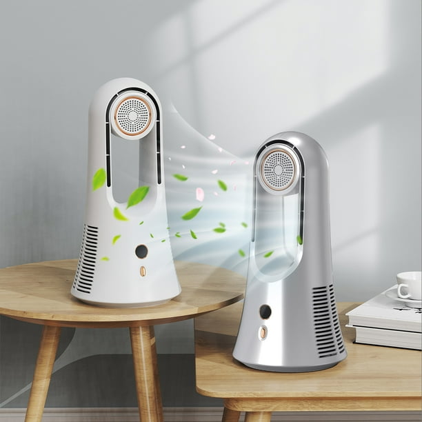 Ventilador de escritorio sin cuchillas con difusor de aromaterapia - Ventilador portátil silencioso de 14,2", 6 velocidades, alimentado por USB para dormitorio de oficina en casa, blanco/plata