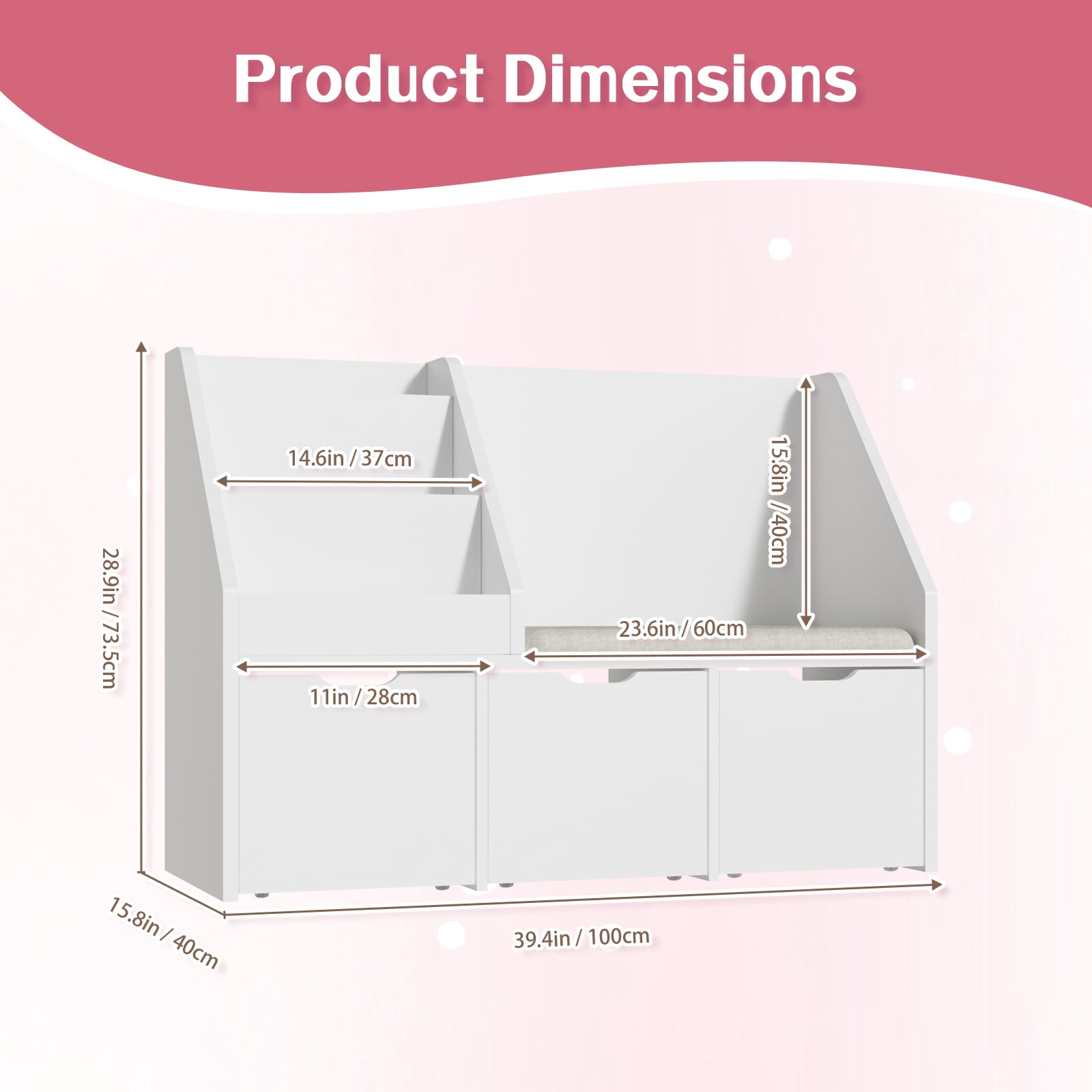 Kbun 40in Kids Bookshelf,  Book Wood Storage Organizer with 3 Large Drawers, Toy Storage Organizer for Playroom Bedroom, White